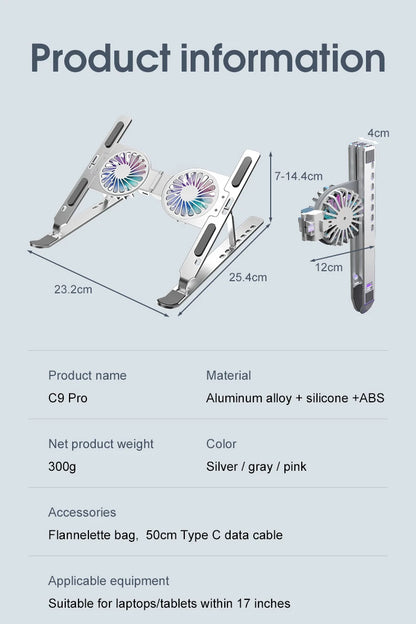 Aluminum Alloy Foldable Laptop Pad with RGB Lighting and Dual Turbine Cooling Fans